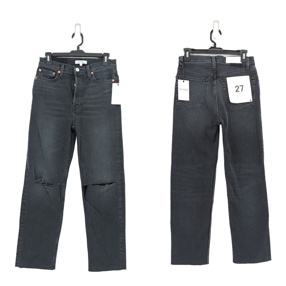 Re/Done Women 27 70s Stove Pipe Jeans Faded Coal Black Distressed Rip Raw Hem